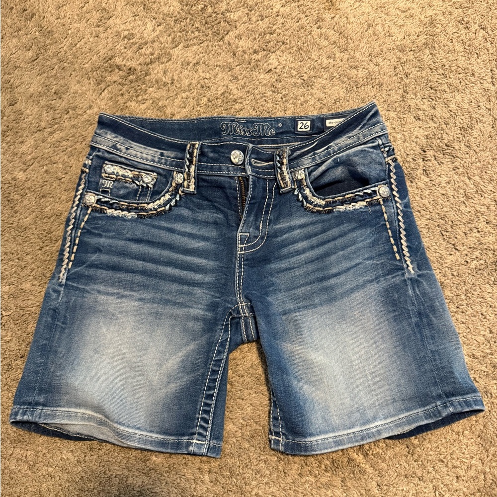 Miss Me Dark Blue Jean Shorts with White Stitching